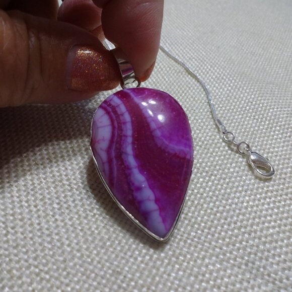 Beautiful PINK BOTSWANA AGATE Handmade Sterling 925 Pendant/Chain #392C - Picture 2 of 3